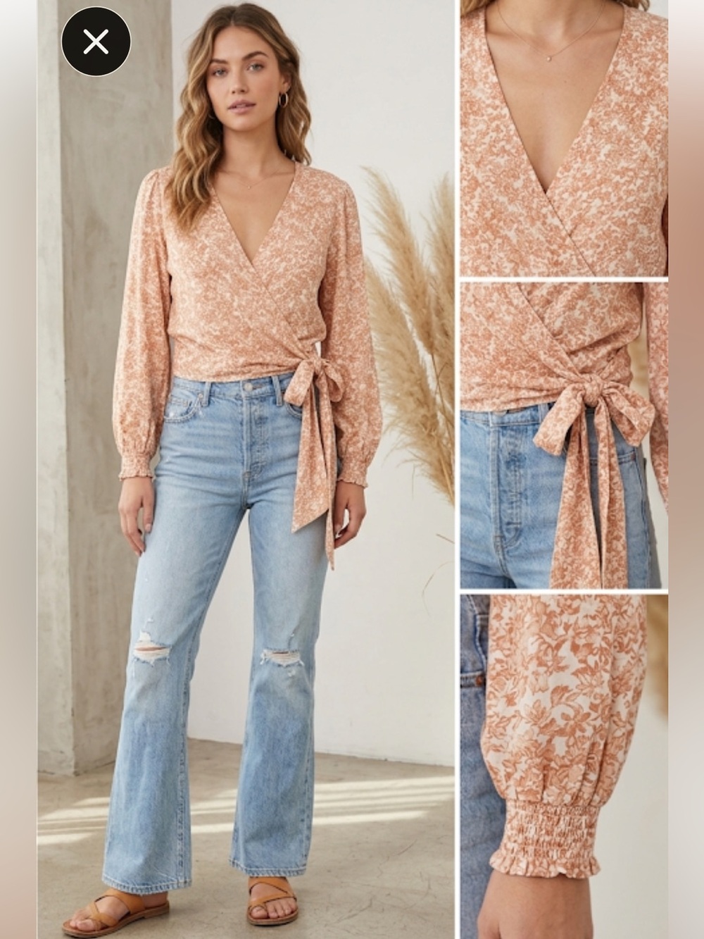 Japna Peach & White Floral Cropped Wrap Blouse Side Tie Boho Top Medium